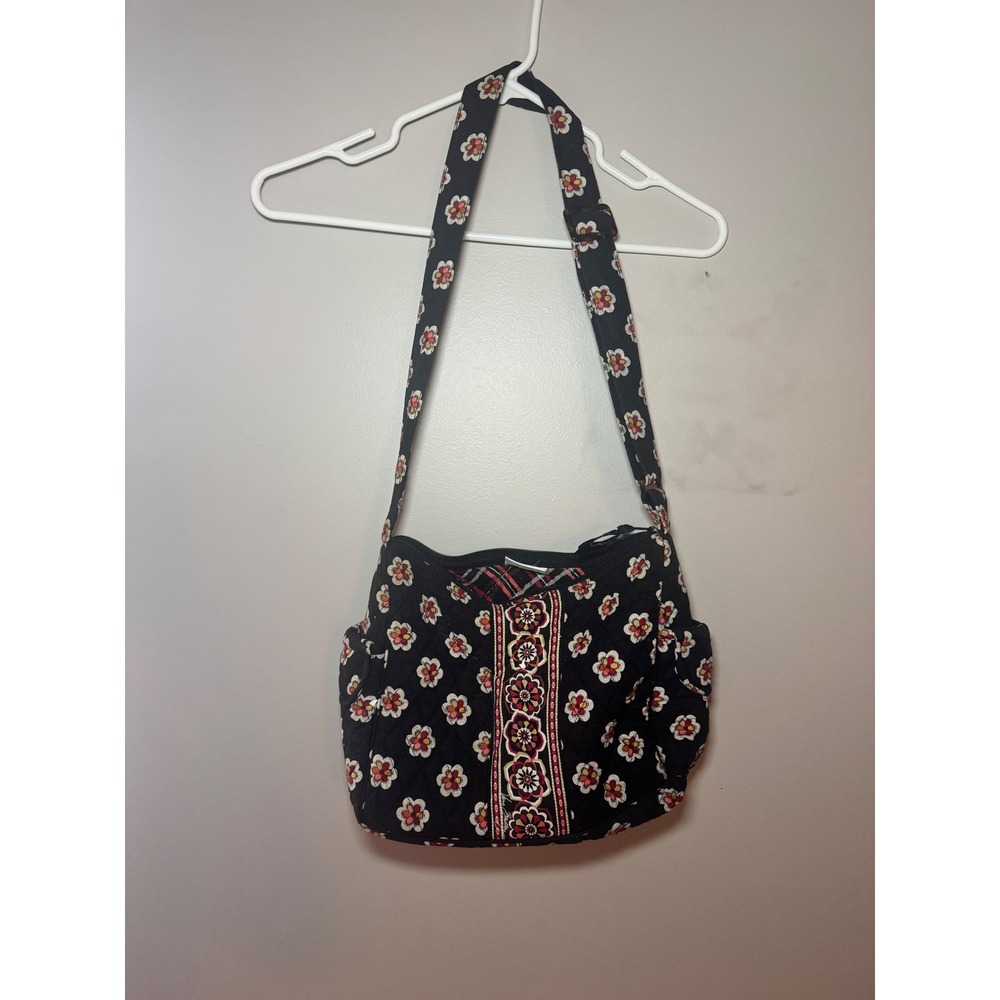 Vera Bradley Night Owl Quilted Cotton Crossbody Bag Black Floral Retired Pattern
